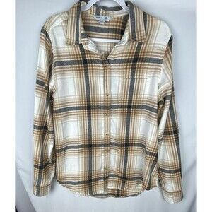 Old Navy Shirt Women LT Cream‎ Plaid Flannel Button Up Classic Fit 100% Cotton